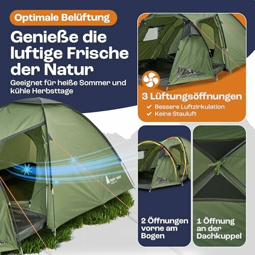 Zelt mit Belüftungsöffnungen und Funktionen.