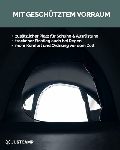 Zelt mit geschütztem Vorraum und Vorteilen aufgelistet.
