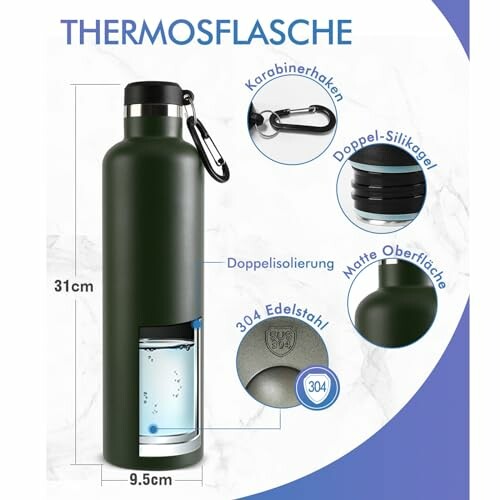 Grüne Thermosflasche mit Karabinerhaken und Doppelisolierung.