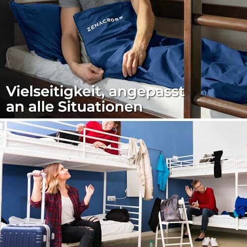 Menschen verwenden vielseitigen Schlafsack in Etagenbetten.