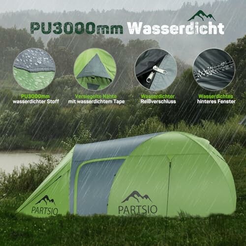 Ein wasserdichtes Zelt im Regen mit Details zur Wasserbeständigkeit.