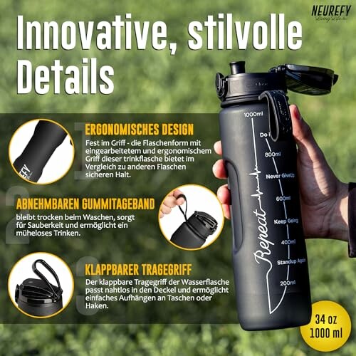 Innovative Wasserflasche mit ergonomischem Design und abnehmbarem Gummiband.