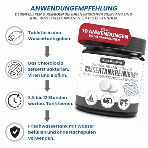 Anleitung zur Anwendung von Chlordioxid-Tabletten für Wassertankreinigung.