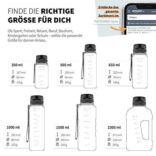 Wasserflaschen in verschiedenen Größen mit Maßen.