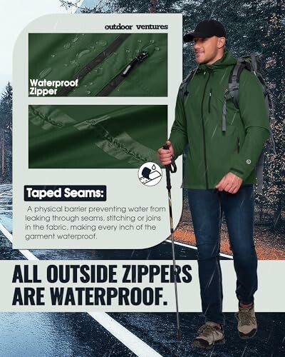 Mann in grüner Outdoor-Jacke mit wasserdichten Reißverschlüssen und getapten Nähten.