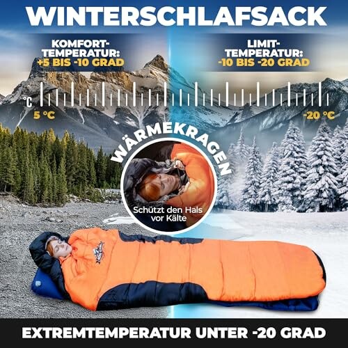 Person in Winterschlafsack vor Berglandschaft.