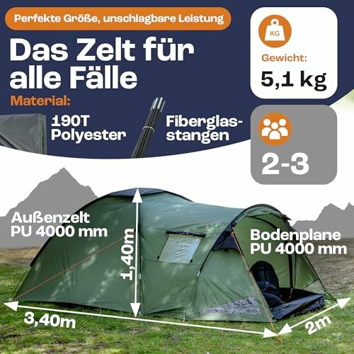 Grünes Zelt für 2-3 Personen mit Fiberglasstangen